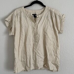 Ann Taylor Womens XS Beige Linen Popover Top Parisian Old Money Quiet Luxury